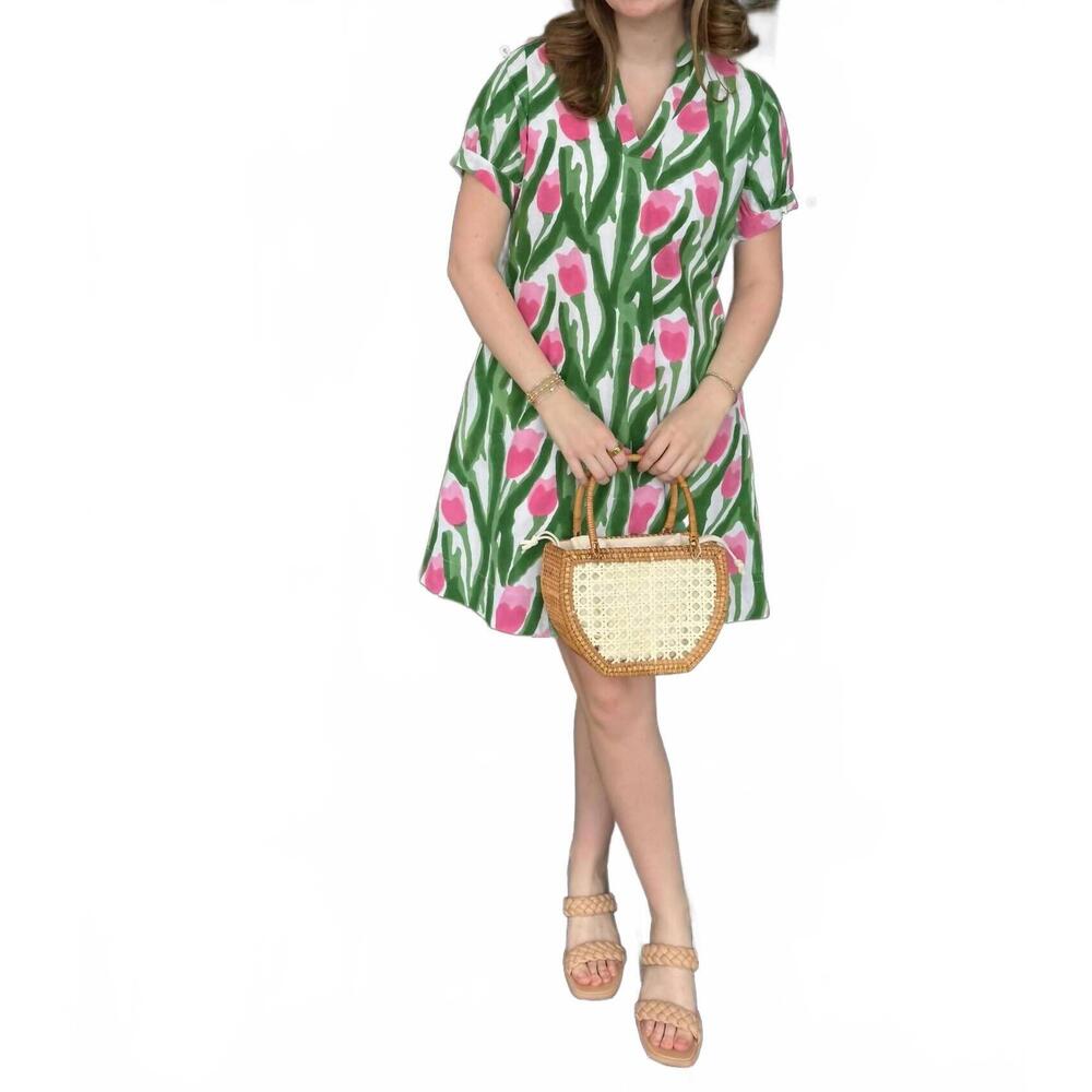 NEW FITZROY & WILLA clarette short sleeve dress in pink tulips